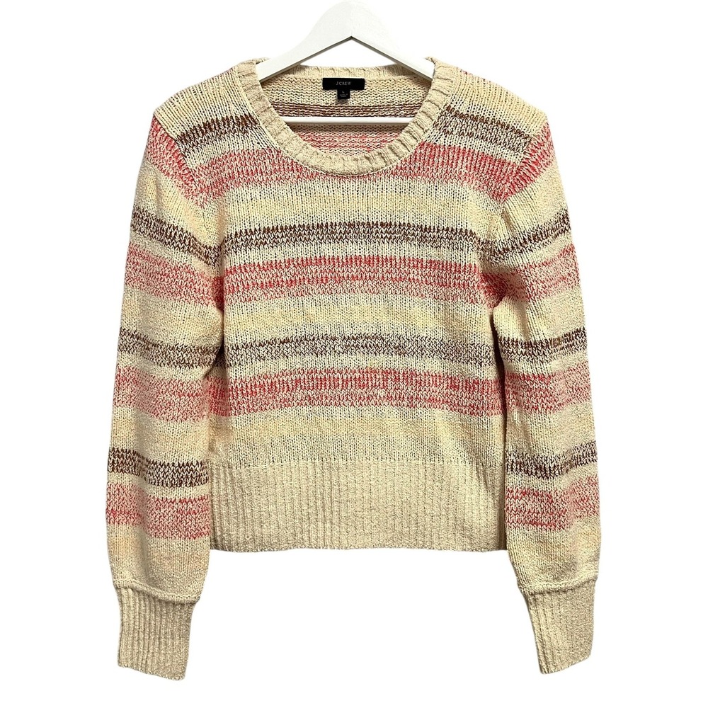 J Crew Sweater‎ Womens Large Beige Pink Stripe Chunky Knit Crewneck Pullover